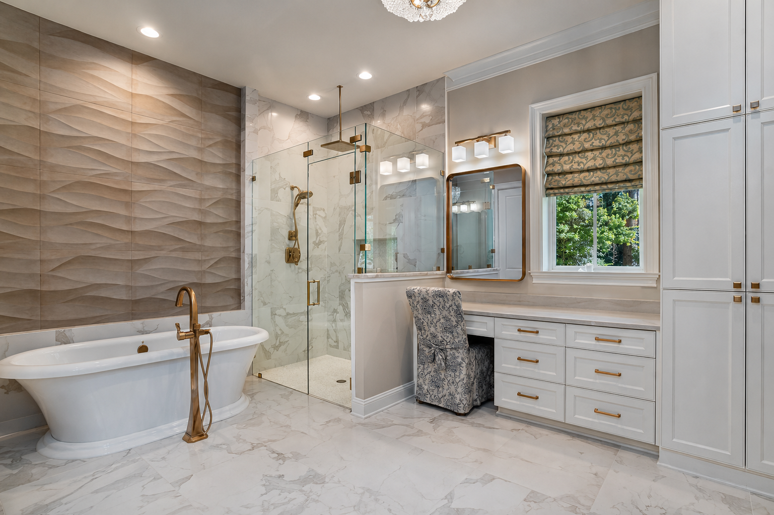 Elegant spa-style bathroom with a freestanding tub, glass shower, double vanity, and tan textured wall tiles