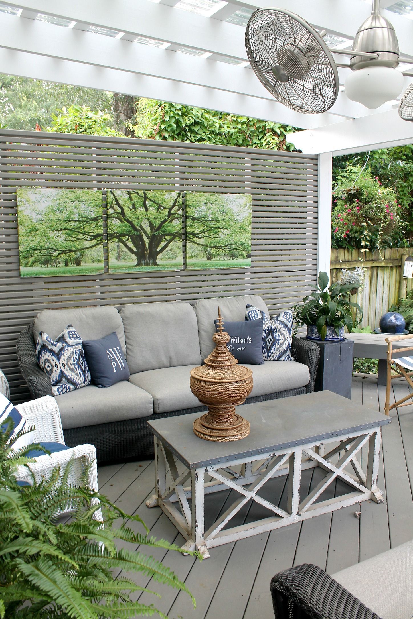 Covered patio with gray sectional, patterned pillows, coffee table, and outdoor dining area overlooking greenery