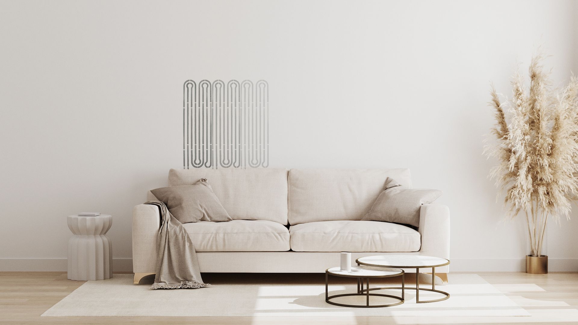 Cremefarbenes Sofa mit Kissen, Decke und Couchtischen in einem hellen, minimalistischen Wohnzimmer mit SIETHERM Wandheizung.