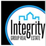 Logo for Integrity Group Real Estate featuring a light blue outline of a house atop black text inside a circular border.