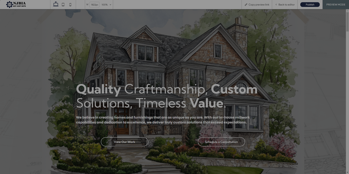 A picture of a house on a website that says quality craftsmanship , custom solutions , timeless value.
