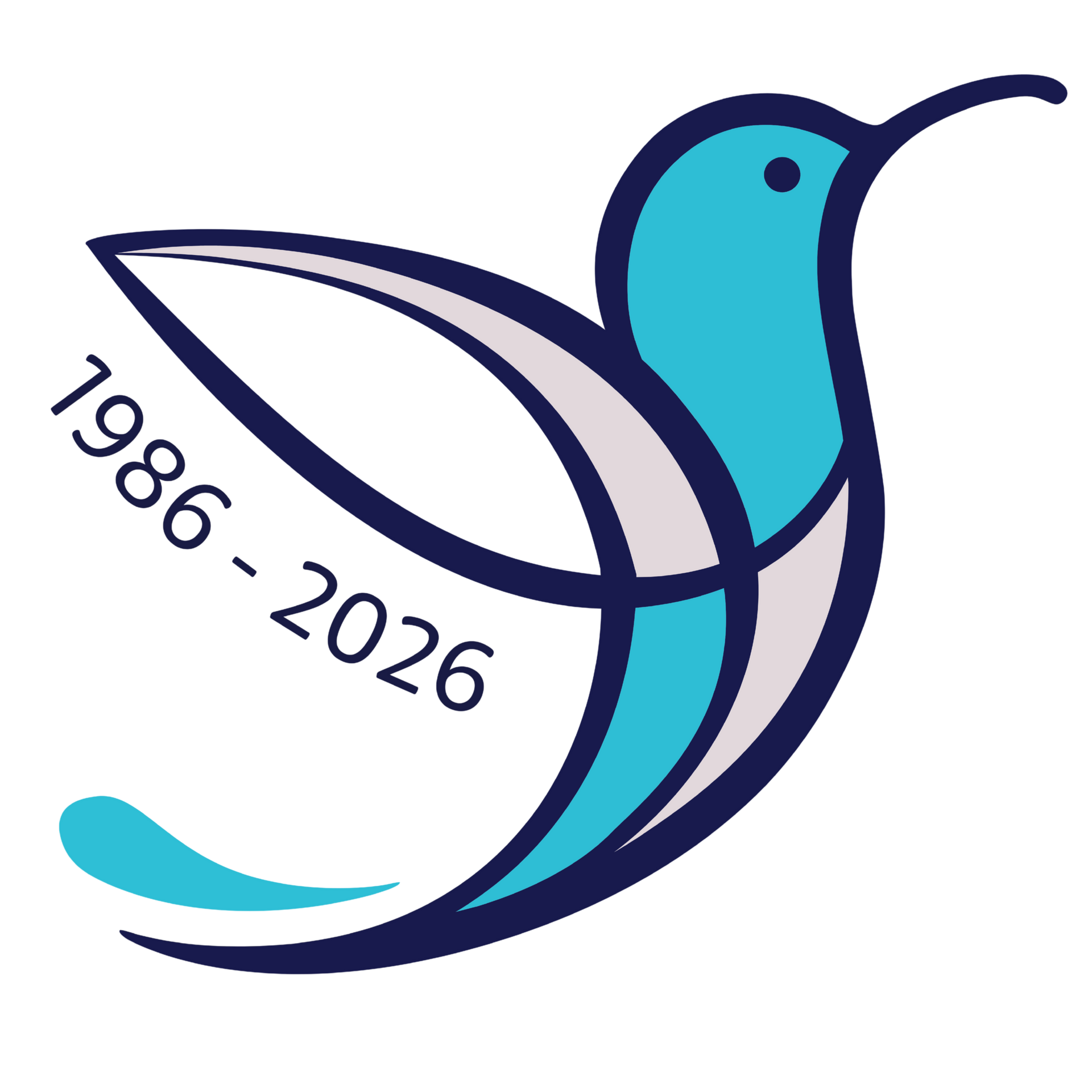 Blue and purple hummingbird logo with “1986–2026” text