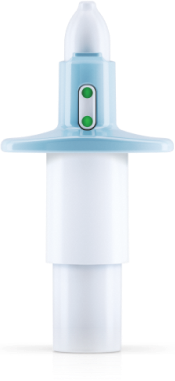 White and blue nasal aspirator with green buttons on a clean white background