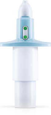 White and blue medical nasal inhaler with two green buttons on a white background