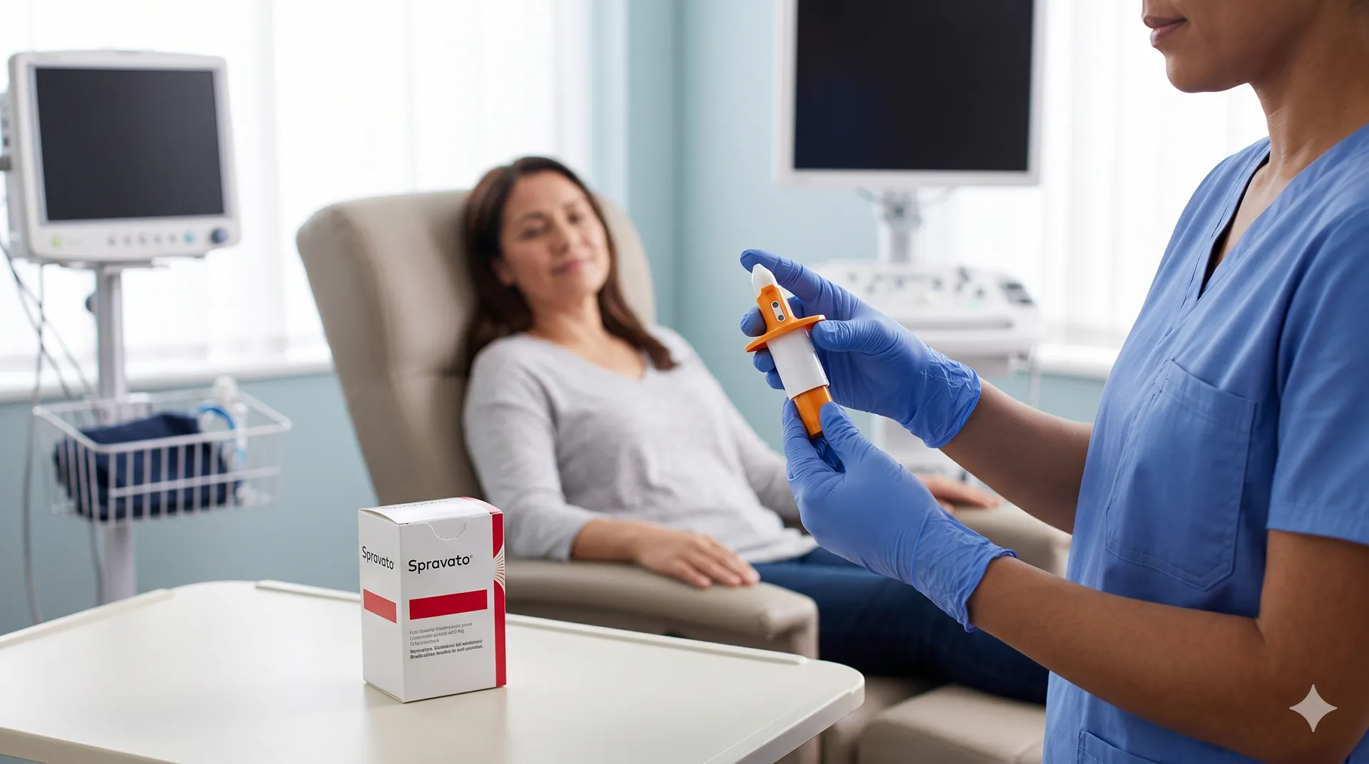 Nurse in blue gloves gives medication to patient in a hospital room, with monitor and medicine box nearby.