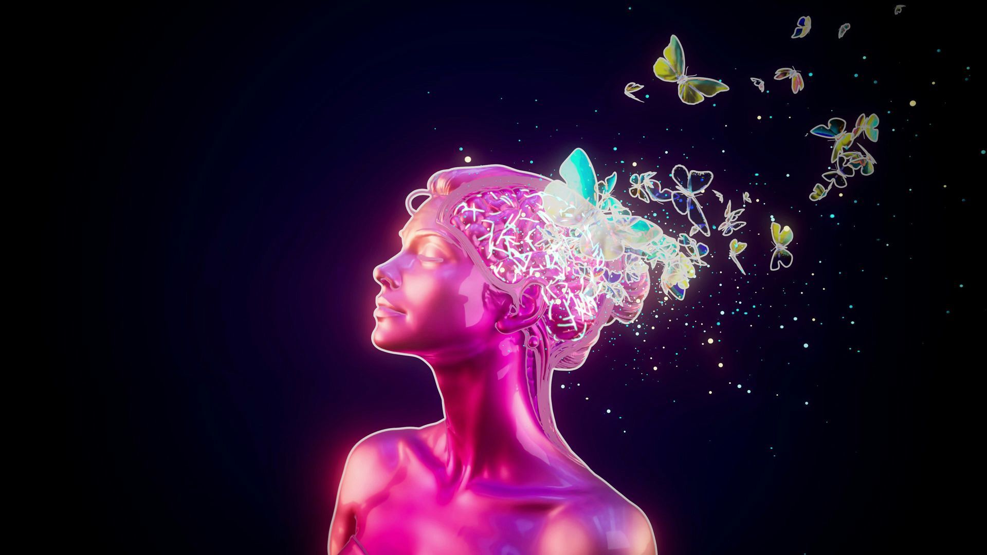 Glowing pink profile of a person with butterflies and sparkling particles floating from their head against black.