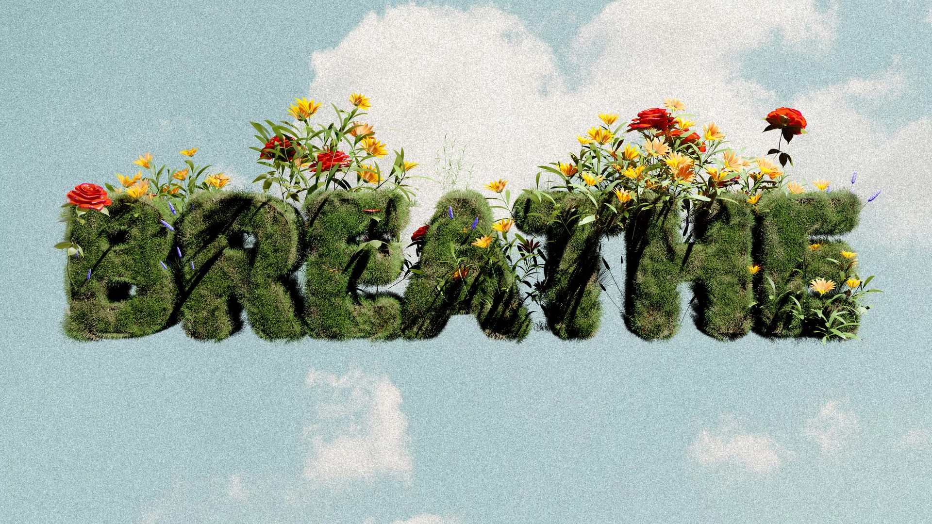 “Breathe” spelled in green foliage with colorful flowers against a blue sky background