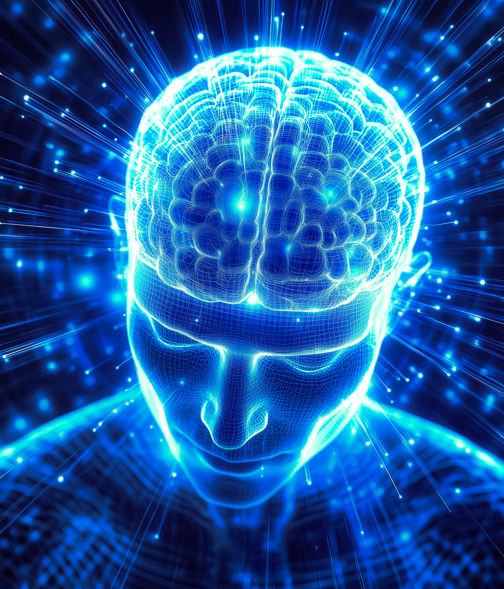 Glowing blue digital head with illuminated brain and radiating lines on a dark background