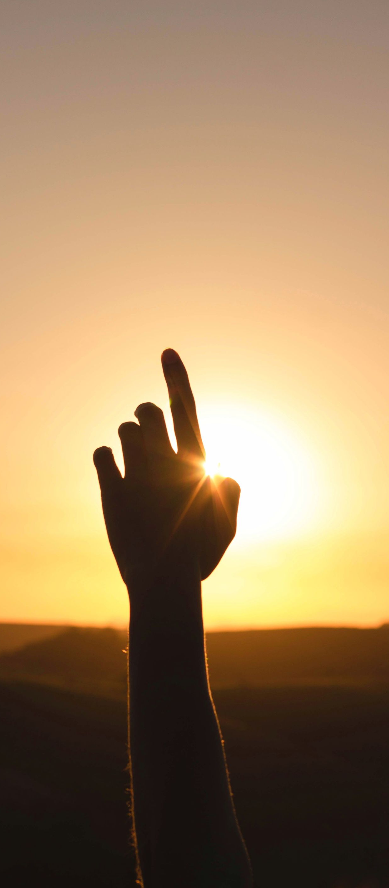 Silhouette of a hand reaching toward the sun at sunset over a horizon