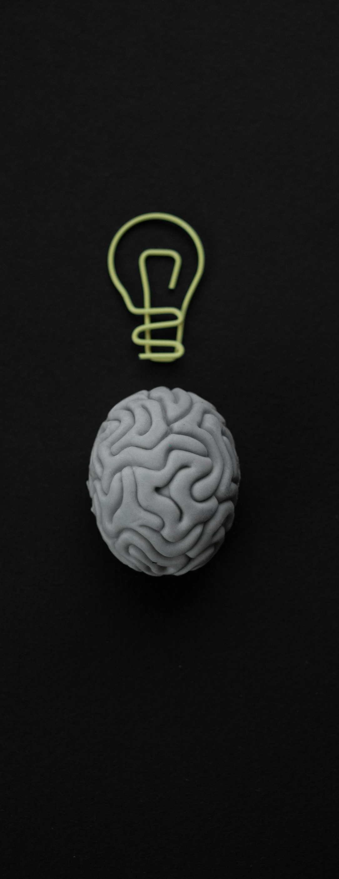 Gray brain under a yellow lightbulb on a dark background, symbolizing an idea.