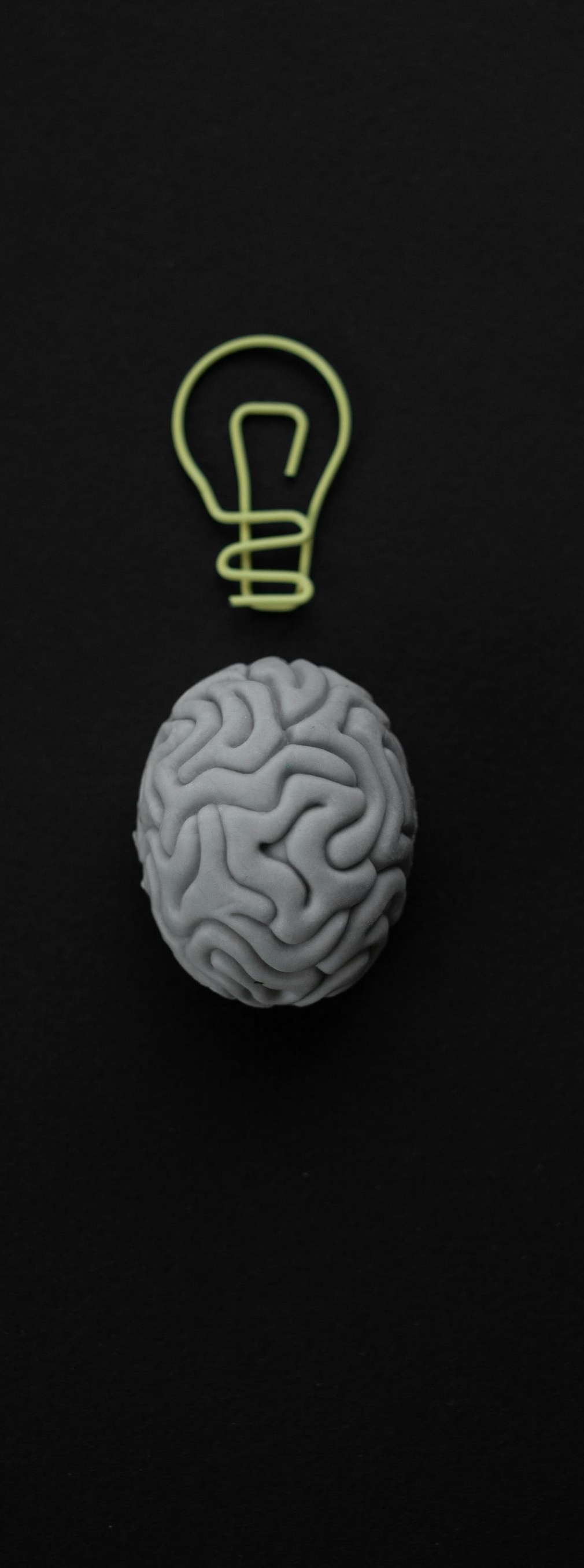 Gray brain under a yellow lightbulb on a dark background, symbolizing an idea.
