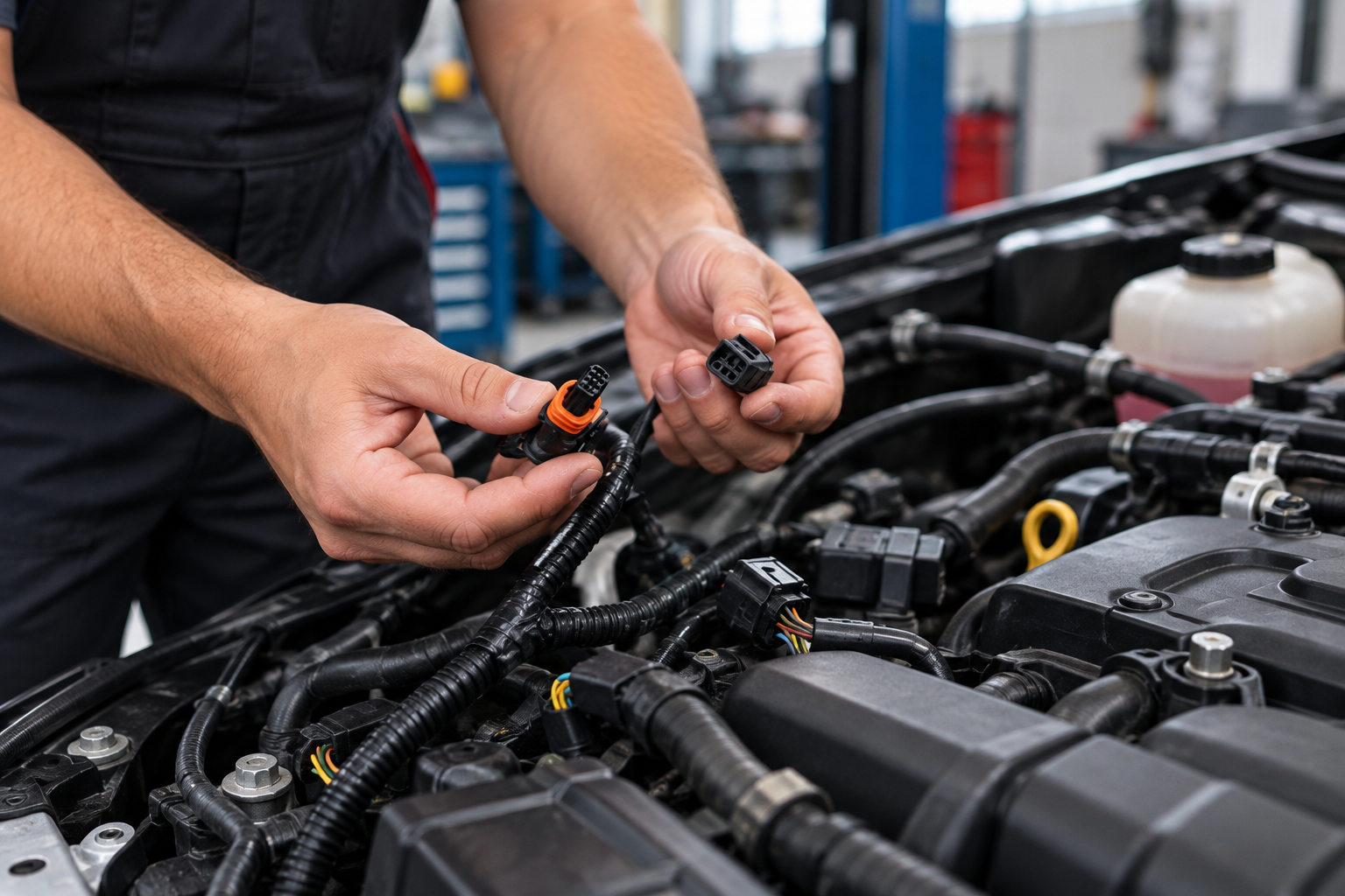 Mechanic connecting wires in a car engine bay during repair