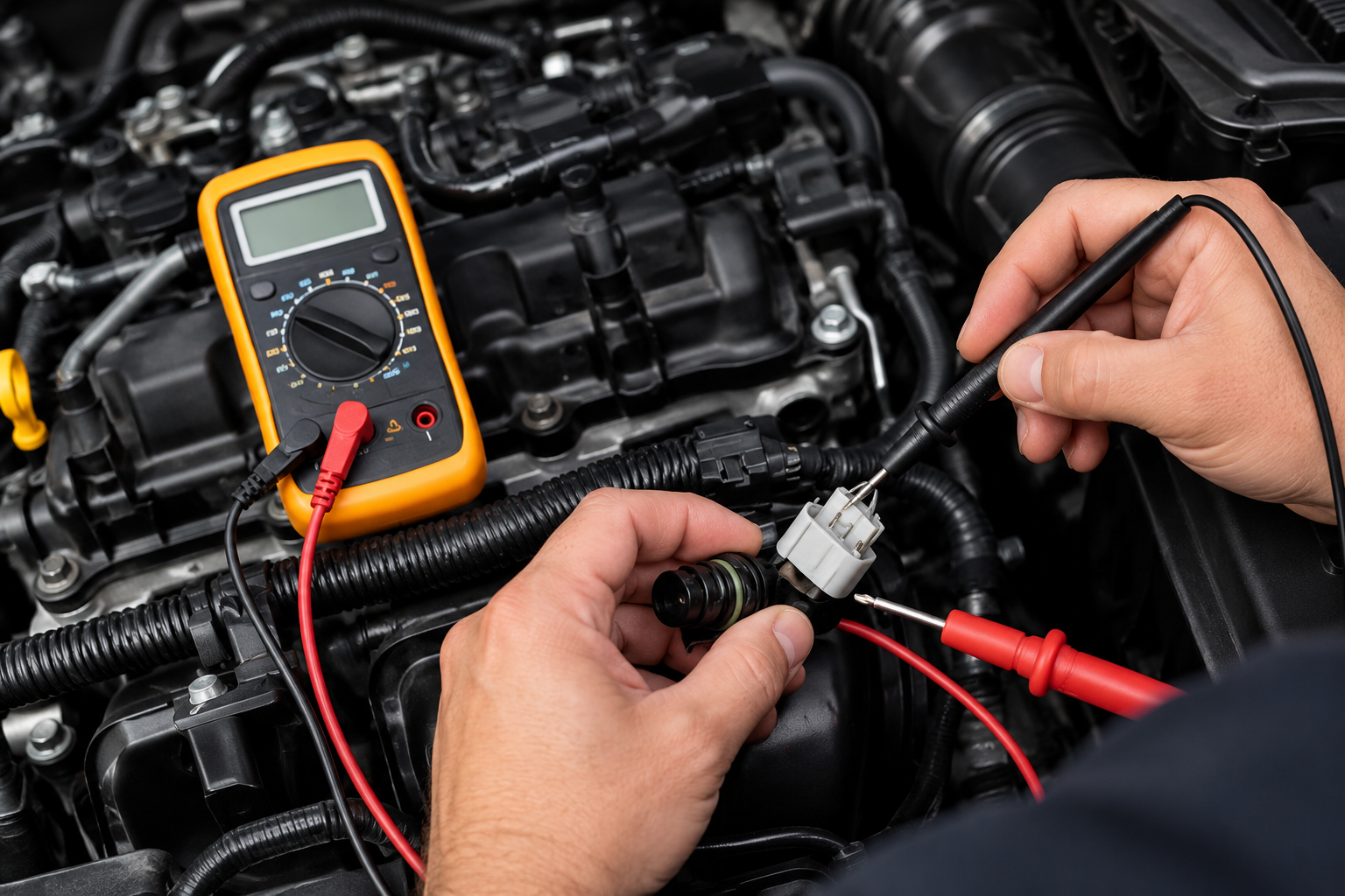 Hands testing engine wiring with a multimeter in a car engine bay