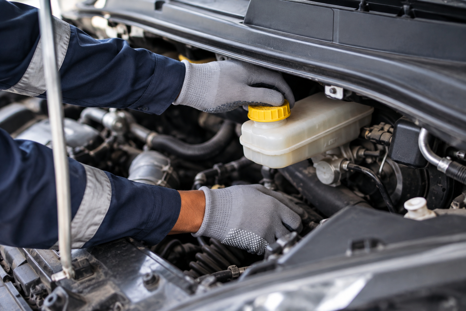 Mechanic wearing gloves inspects a car engine under the hood