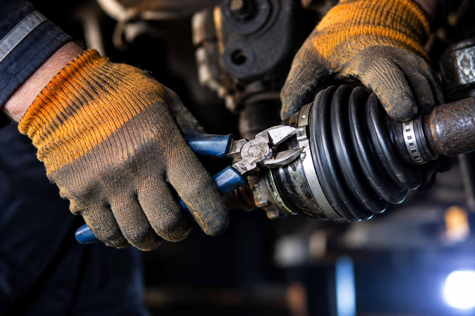 Gloved hands repairing a car CV axle with tools in a garage