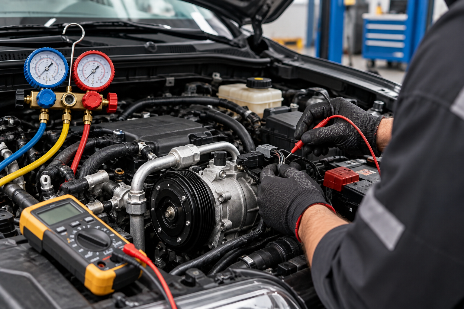Mechanic testing a car engine with gauges and tools in a garage