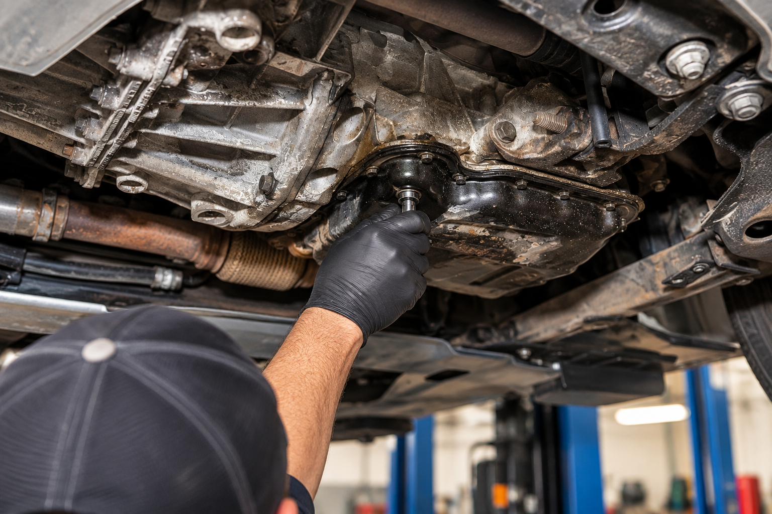 Mechanic wearing gloves draining oil from a car’s underside on a lift