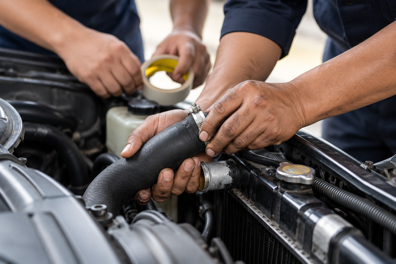Hands repairing a car engine, tightening a black hose near the radiator with tools nearby