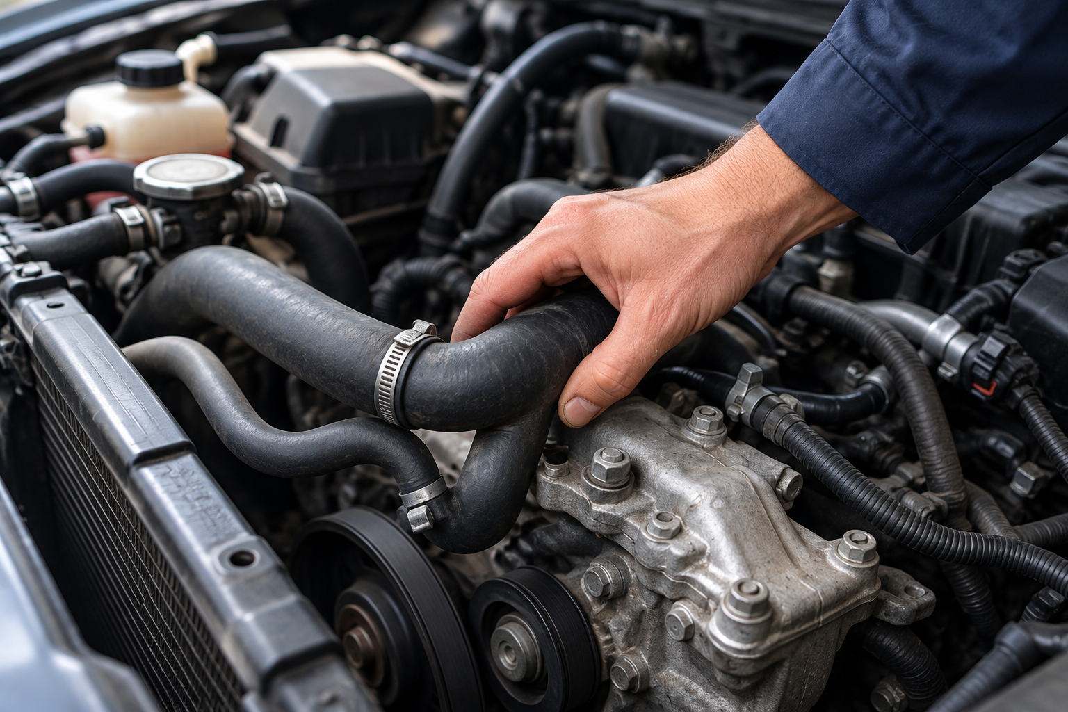 Hand inspecting a car engine with black hoses and metal components under the hood