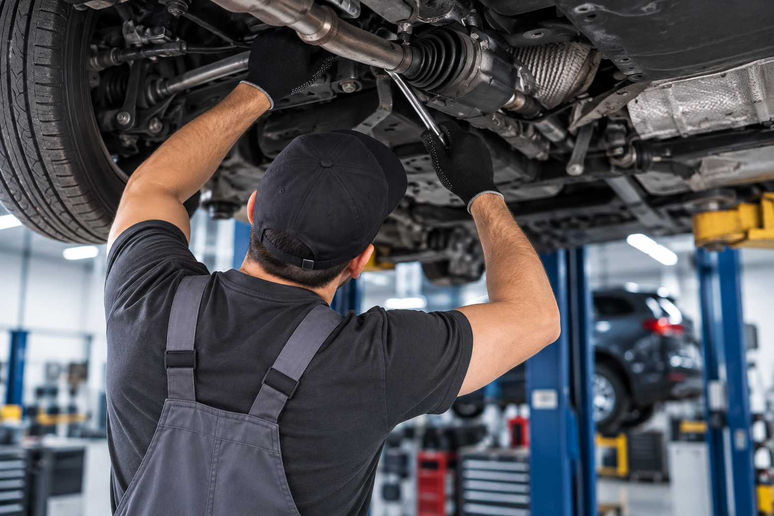 Mechanic inspecting the underside of a car on a lift in an auto repair shop