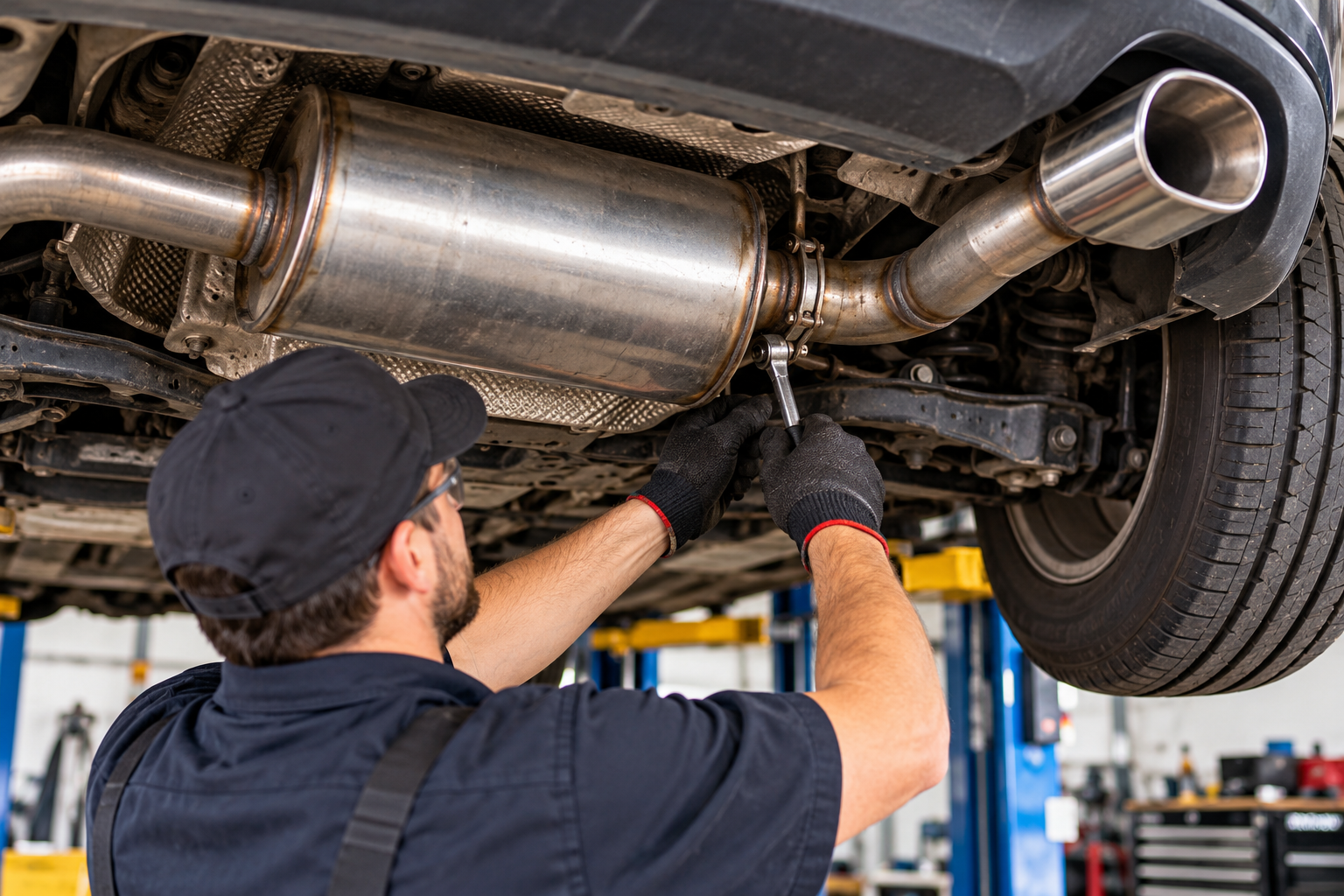 Gloved hands using blue and red gauges to service a car’s air conditioning system inside the dashboard