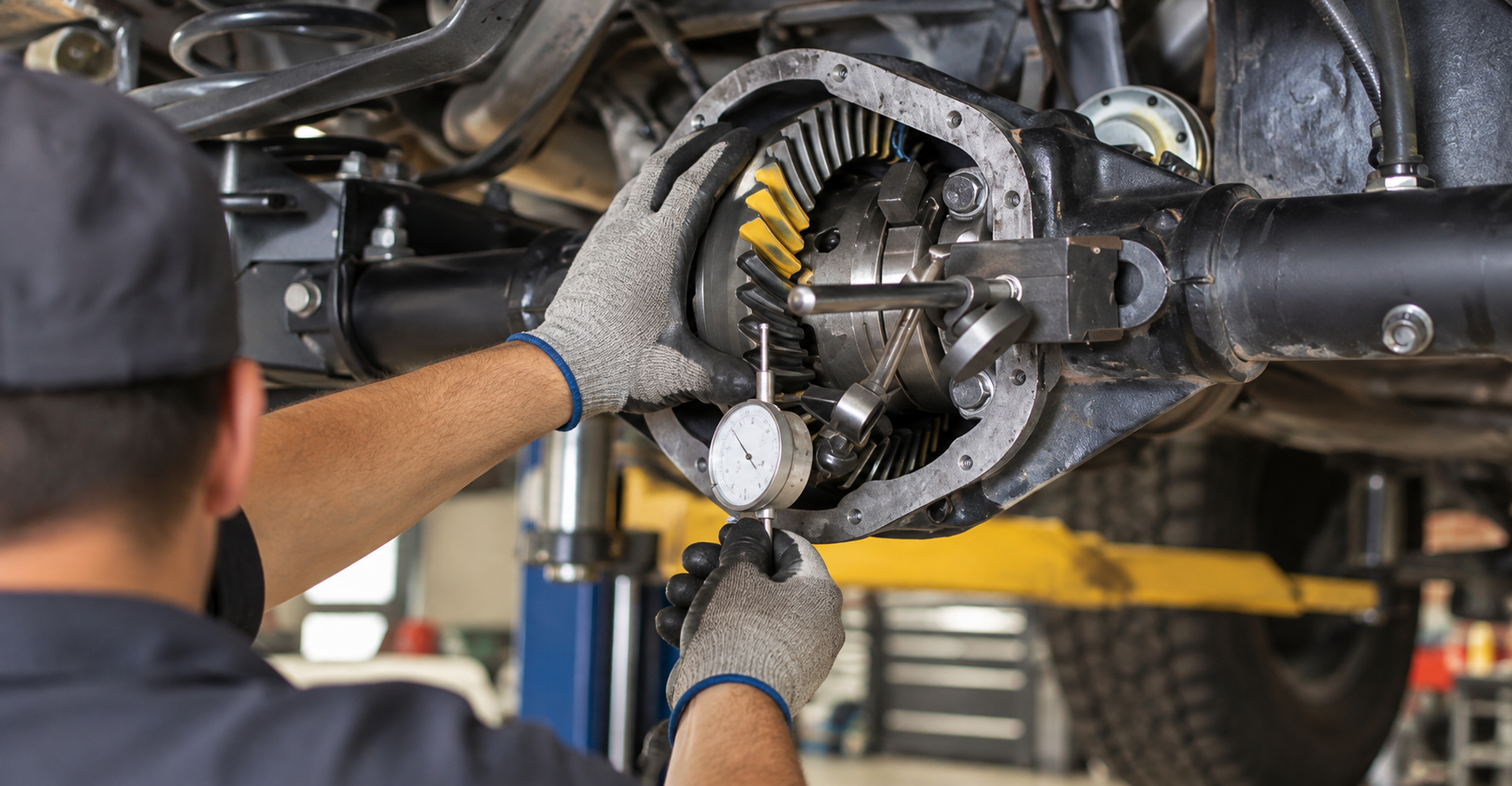 Mechanic using a wrench to repair a vehicle’s exposed suspension and axle assembly underneath