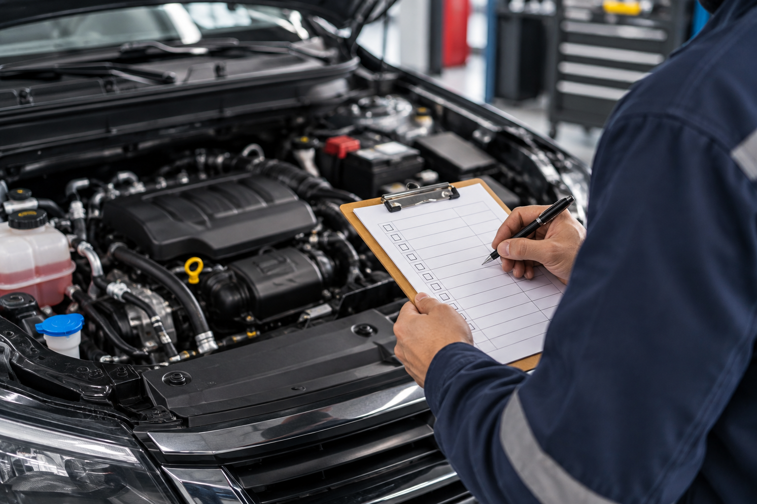 Mechanic inspecting a car engine and taking notes on a clipboard in a garage