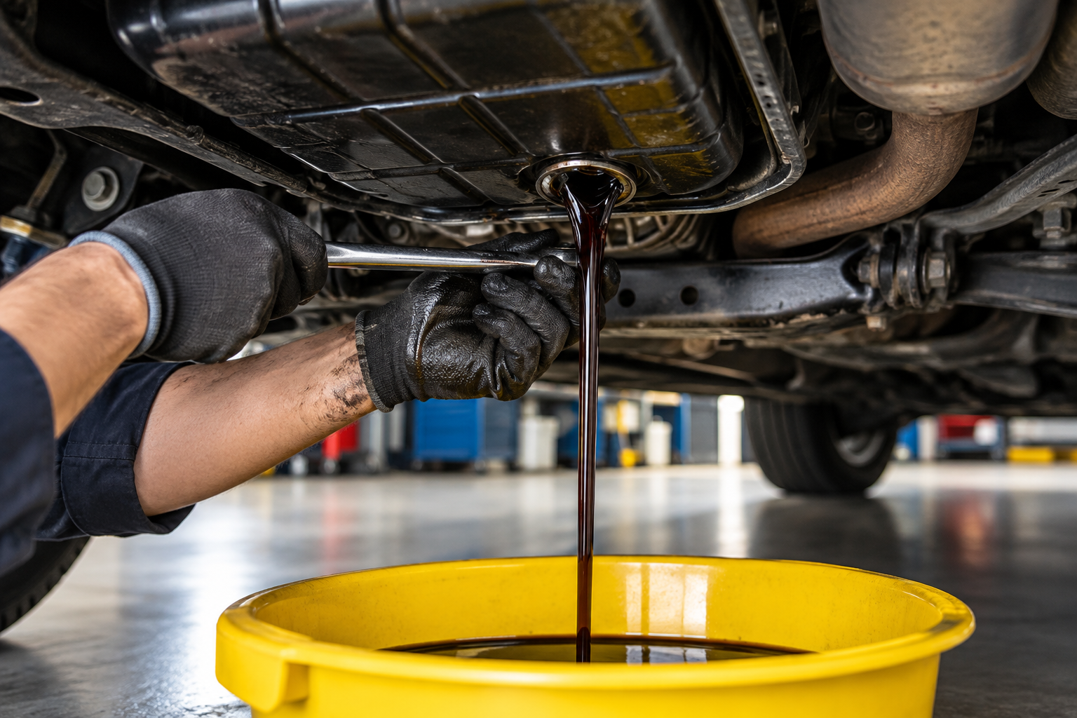 Mechanic changing car oil into a yellow drain pan under a vehicle