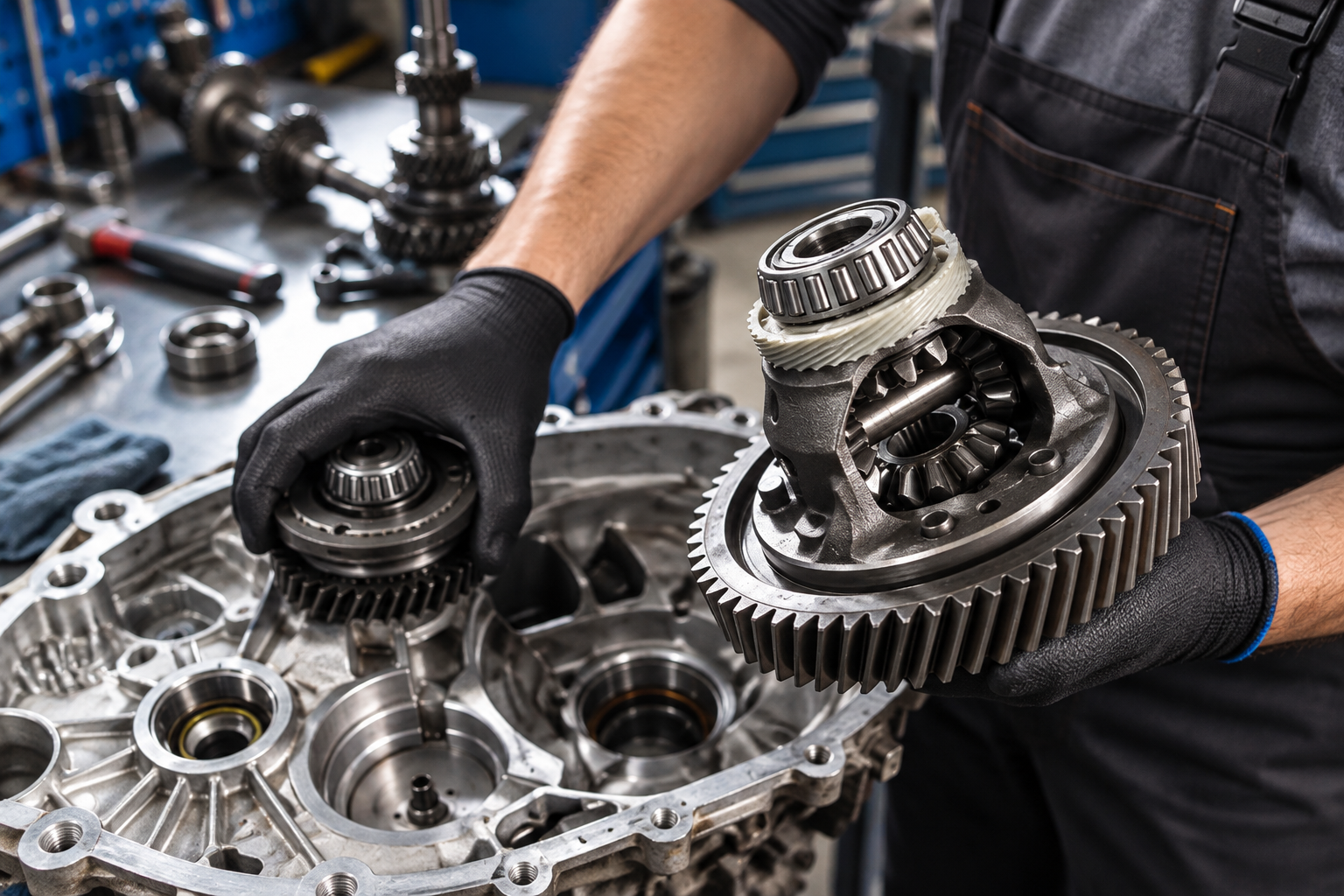 Mechanic holding disassembled transmission gears over an engine block in a repair shop