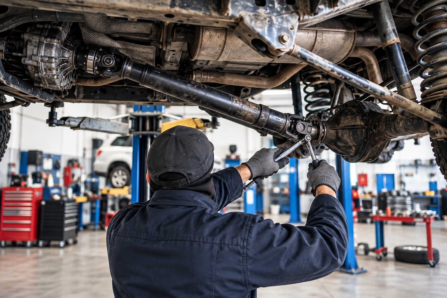 Mechanic inspecting a car’s undercarriage in an auto repair shop