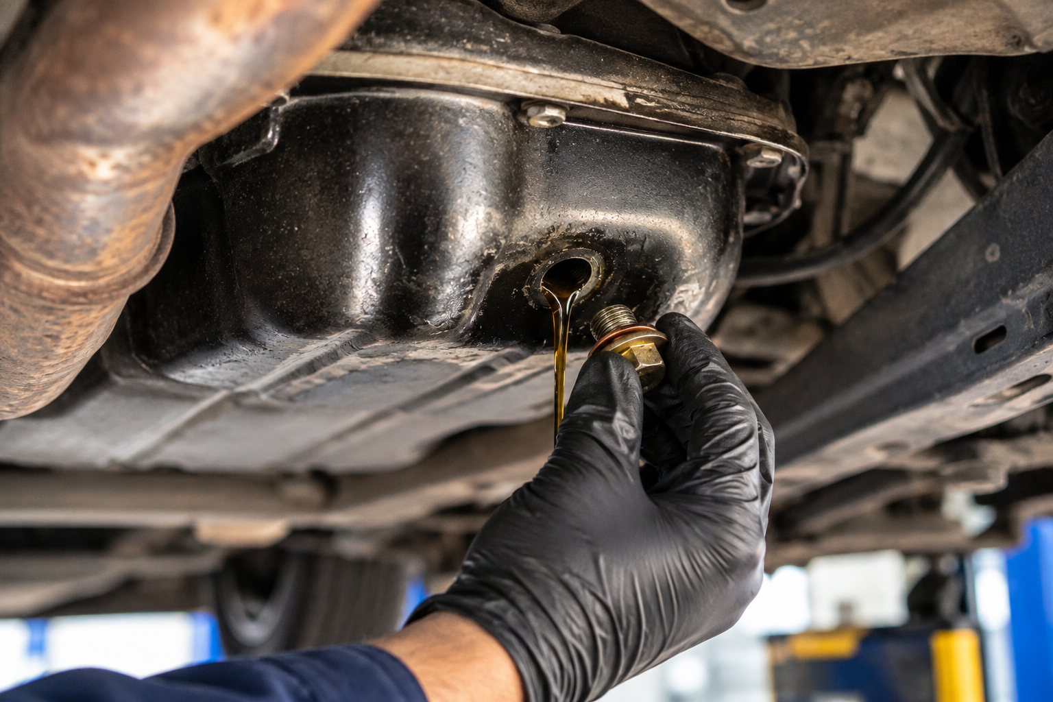 Gloved hands draining oil from a car engine pan underneath a raised vehicle