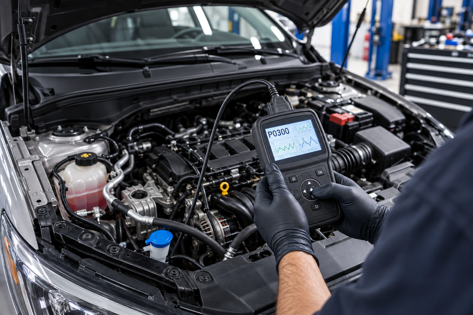 Mechanic using a diagnostic tablet to inspect a car engine in an open hood bay
