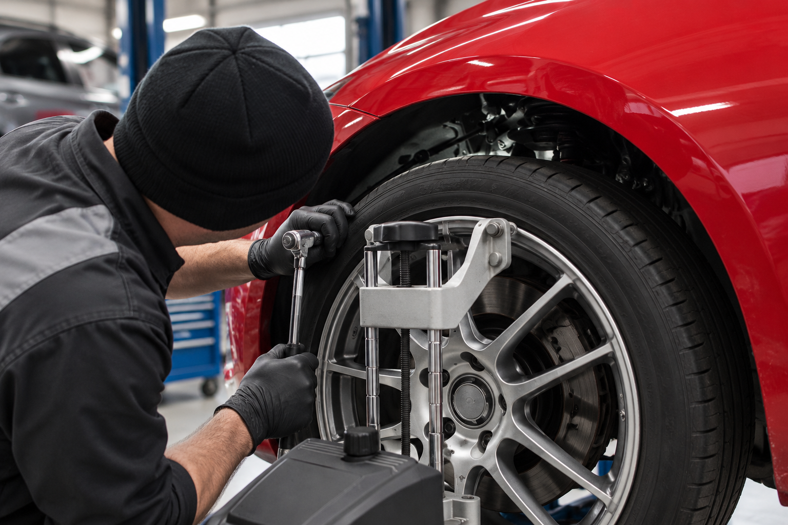 Mechanic inspecting a red car’s wheel alignment in a shop using specialized equipment