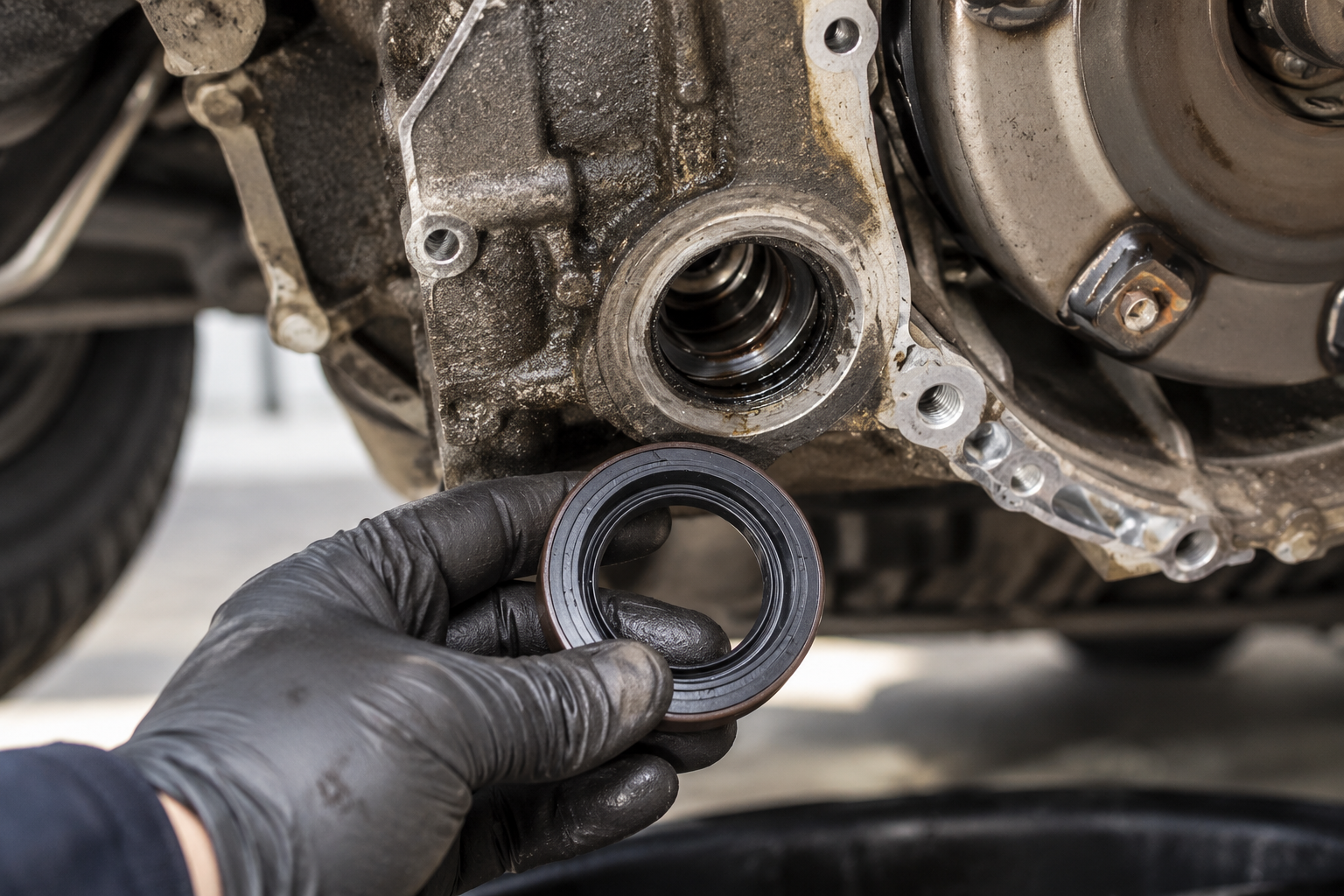 Gloved mechanic holding a rubber seal near a vehicle engine opening