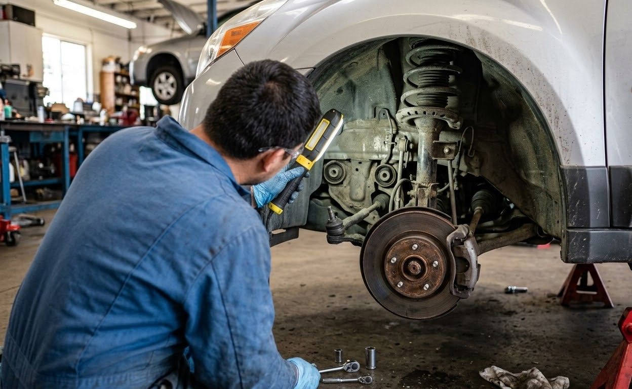 Mechanic repairing a vehicle axle and suspension with tools under the chassis