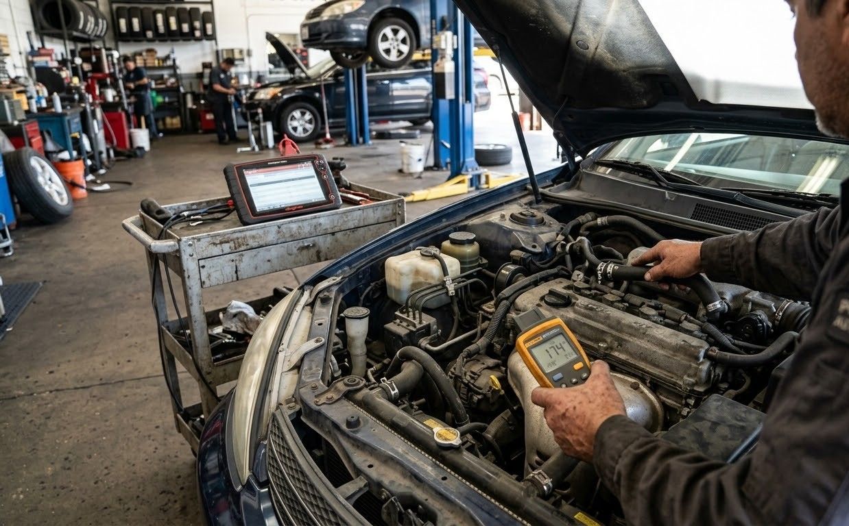 Technician installing a car dashboard display with tools inside a vehicle interior