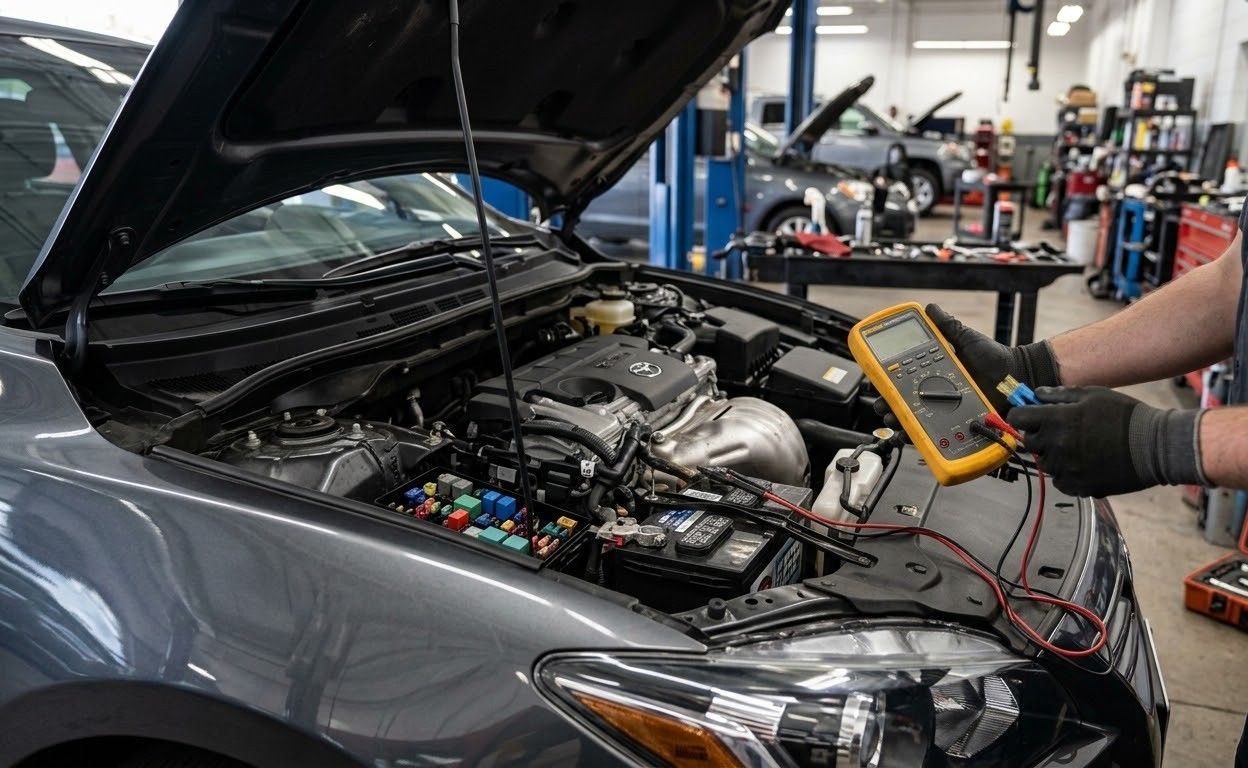 Handheld car diagnostic scanner plugged into the footwell of a red vehicle