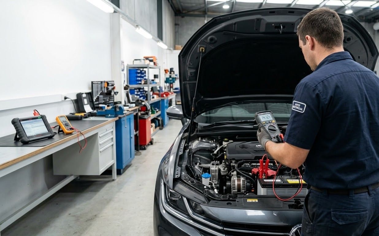 Handheld diagnostic scanner displaying a menu under a vehicle’s undercarriage during inspection