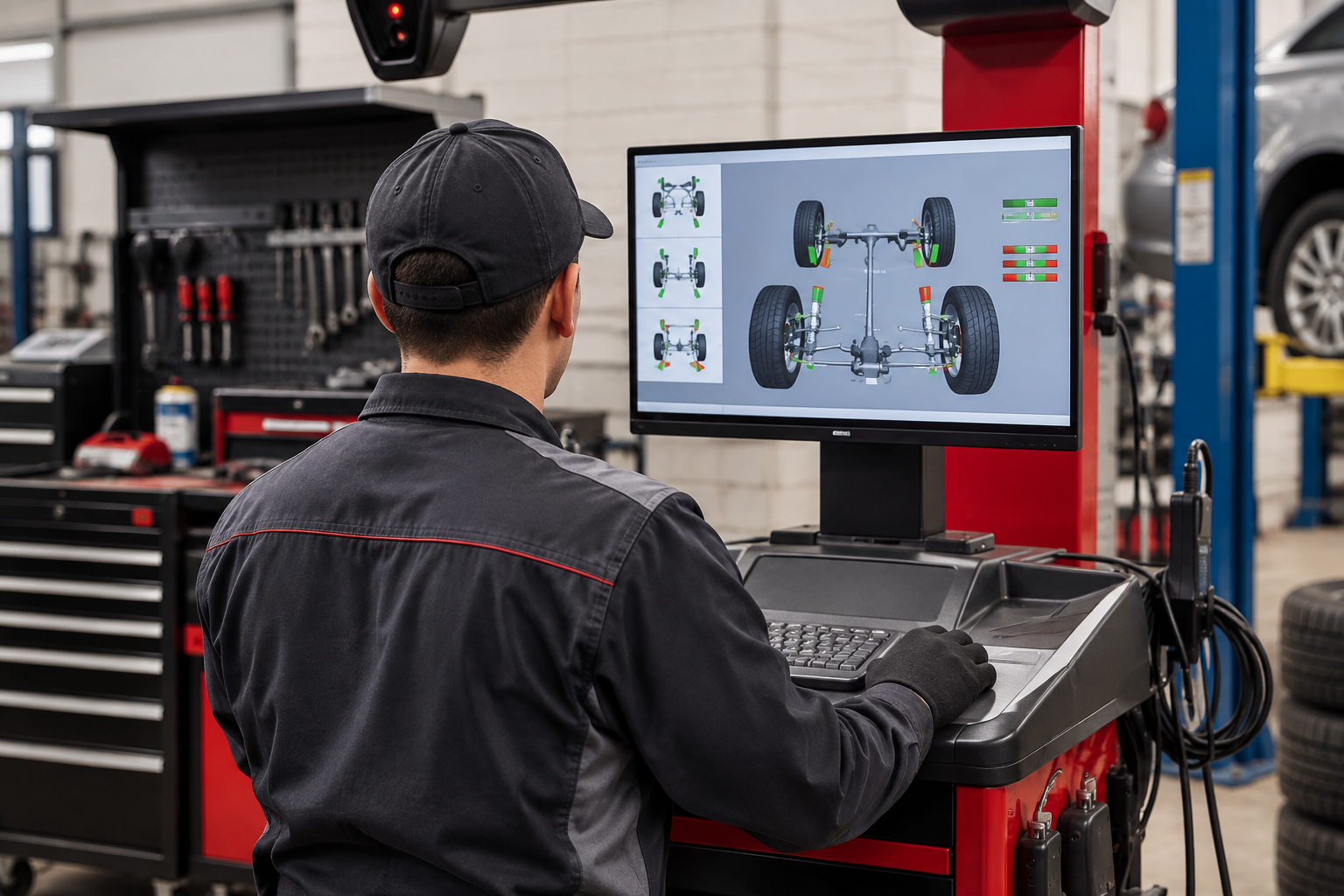 Mechanic at a workstation viewing a vehicle alignment screen in an auto repair shop