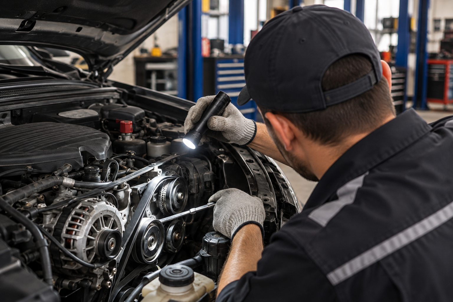 Mechanic inspecting a car engine with a flashlight in an auto repair shop