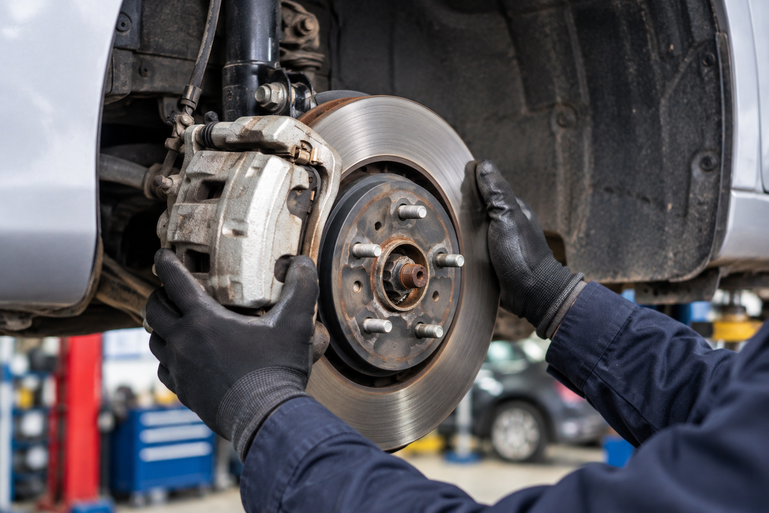 Mechanic in black gloves inspecting a car’s brake rotor and caliper in a garage