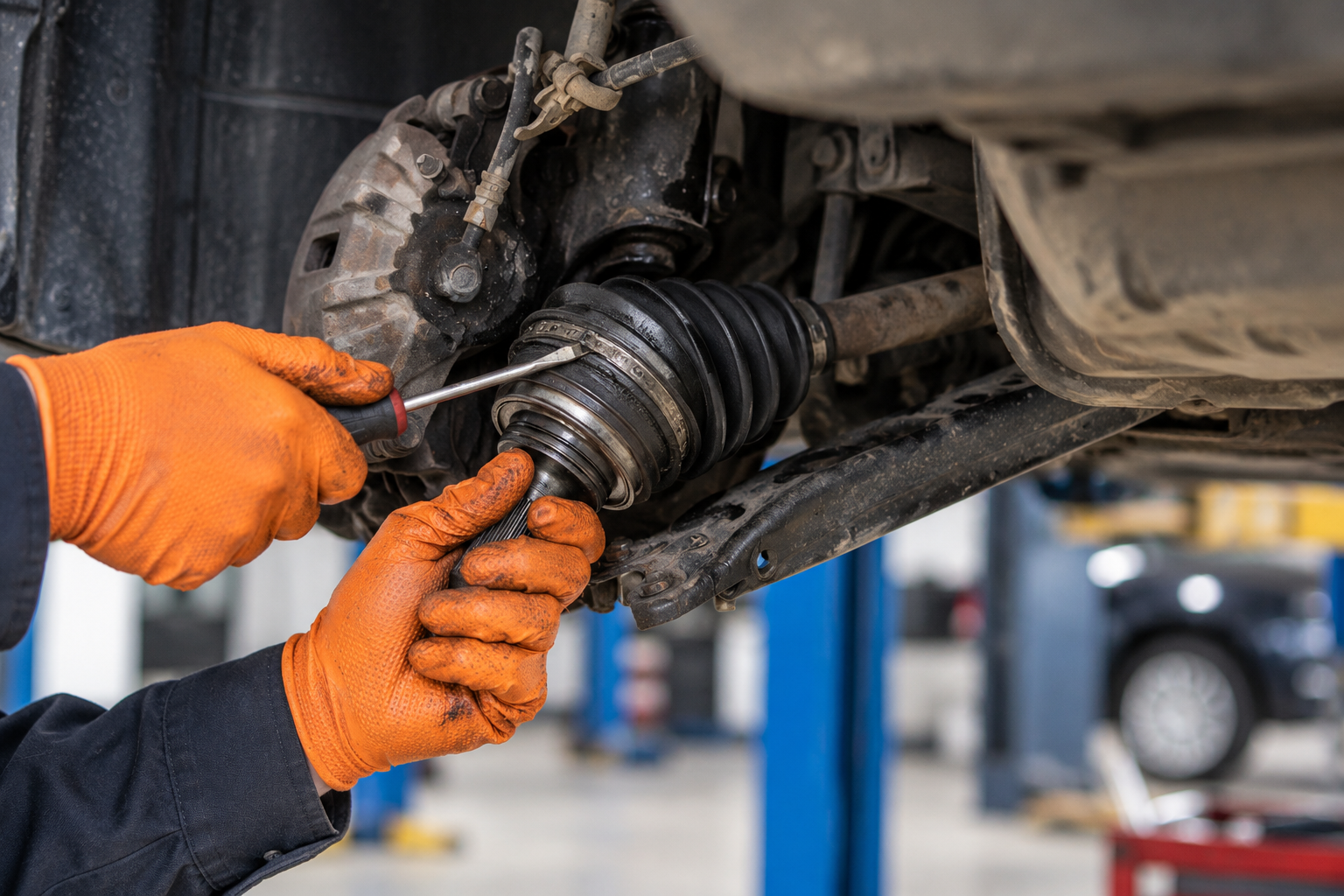 Mechanic in orange gloves inspecting a car CV axle under a raised vehicle in a garage