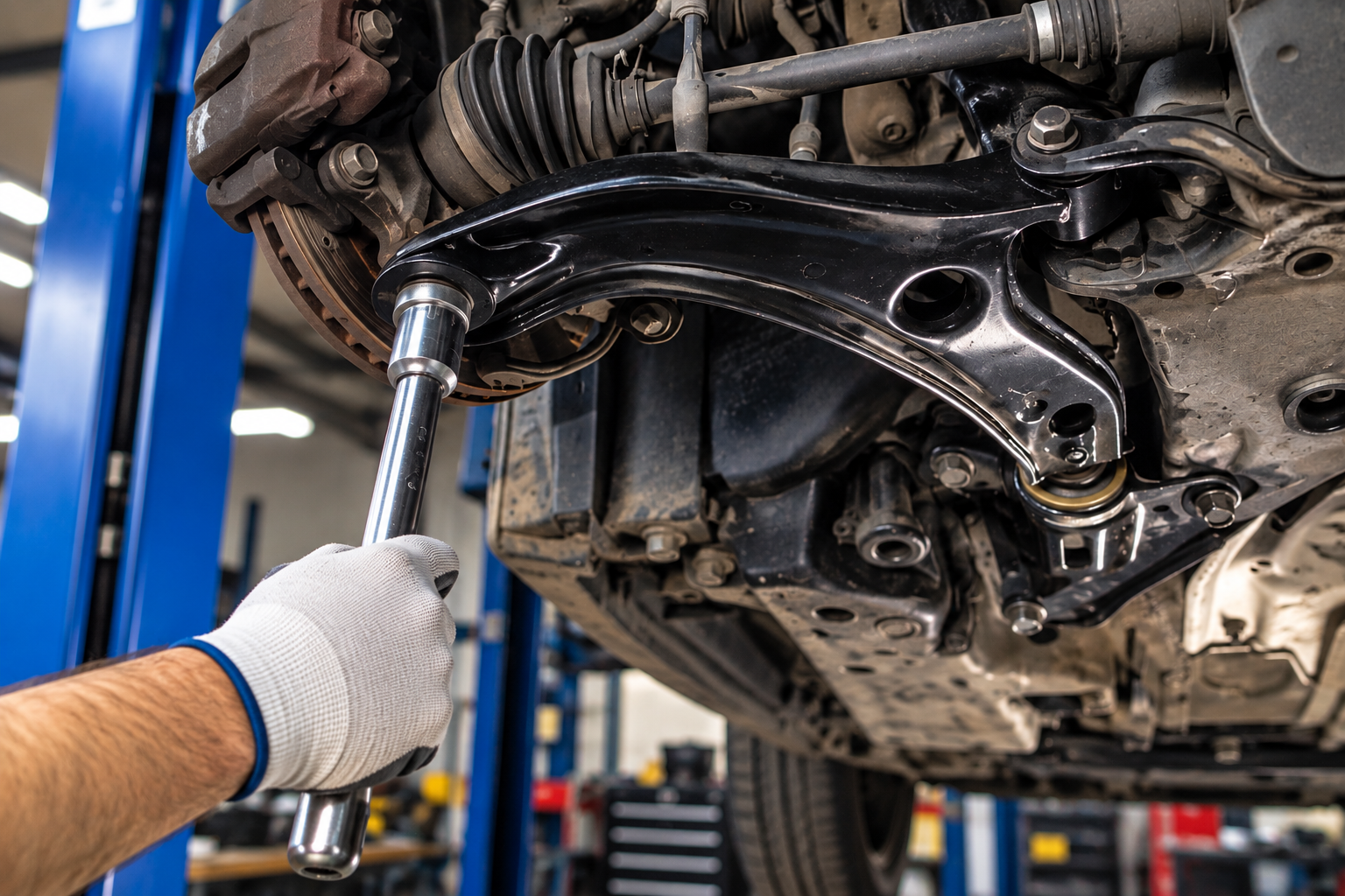 Mechanic inspecting a car’s undercarriage with a wrench in an auto repair shop on a lift