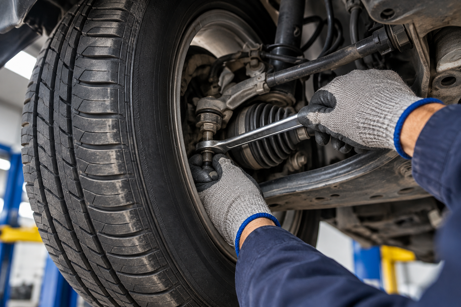 Mechanic using wrench to service car suspension and wheel assembly on a lift