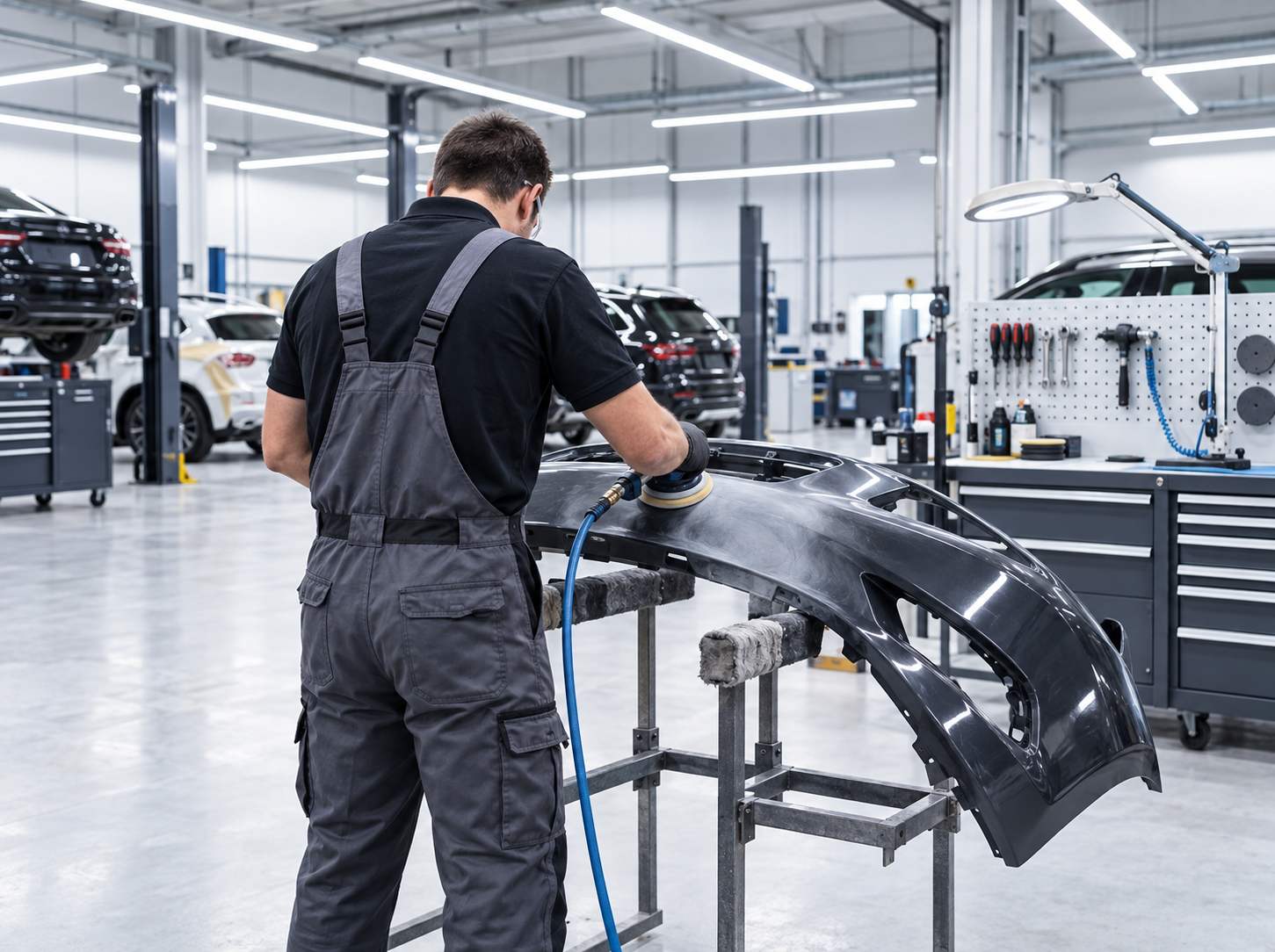 Technician sanding a black car bumper in a bright auto repair workshop