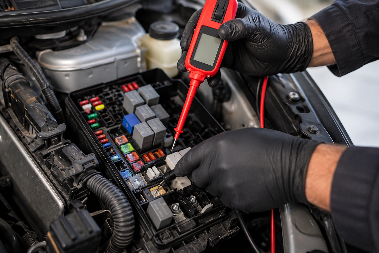 Gloved hands testing a car fuse box with a multimeter under the hood