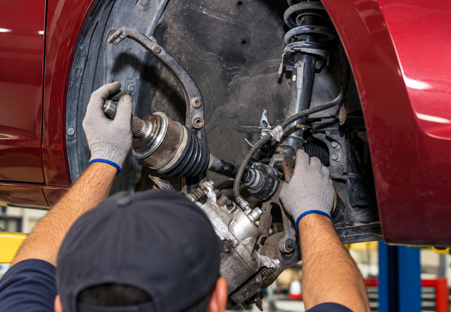 Mechanic working under a red car, adjusting brake and suspension components with gloved hands