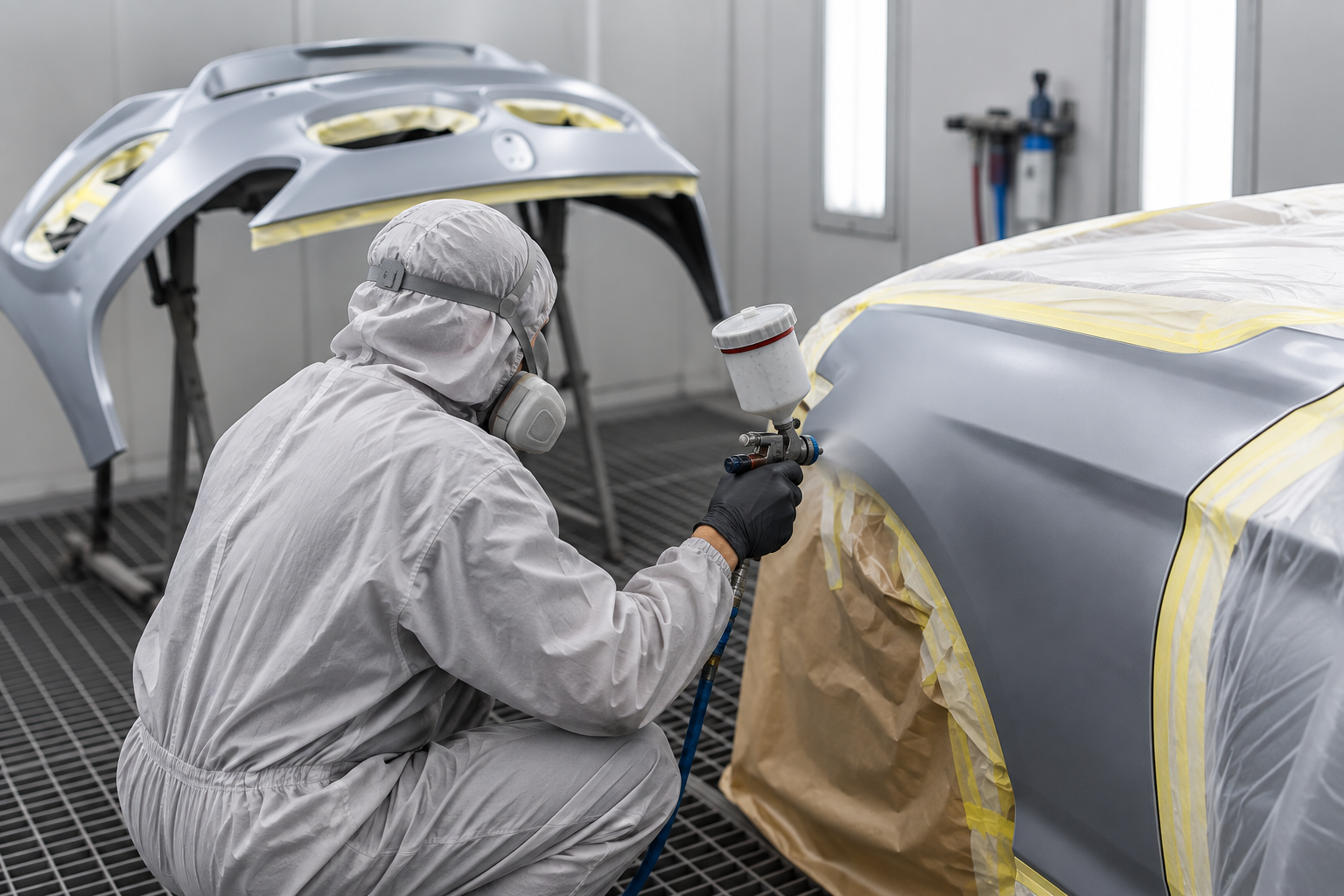 Worker spray-painting a car body in a masked auto repair booth