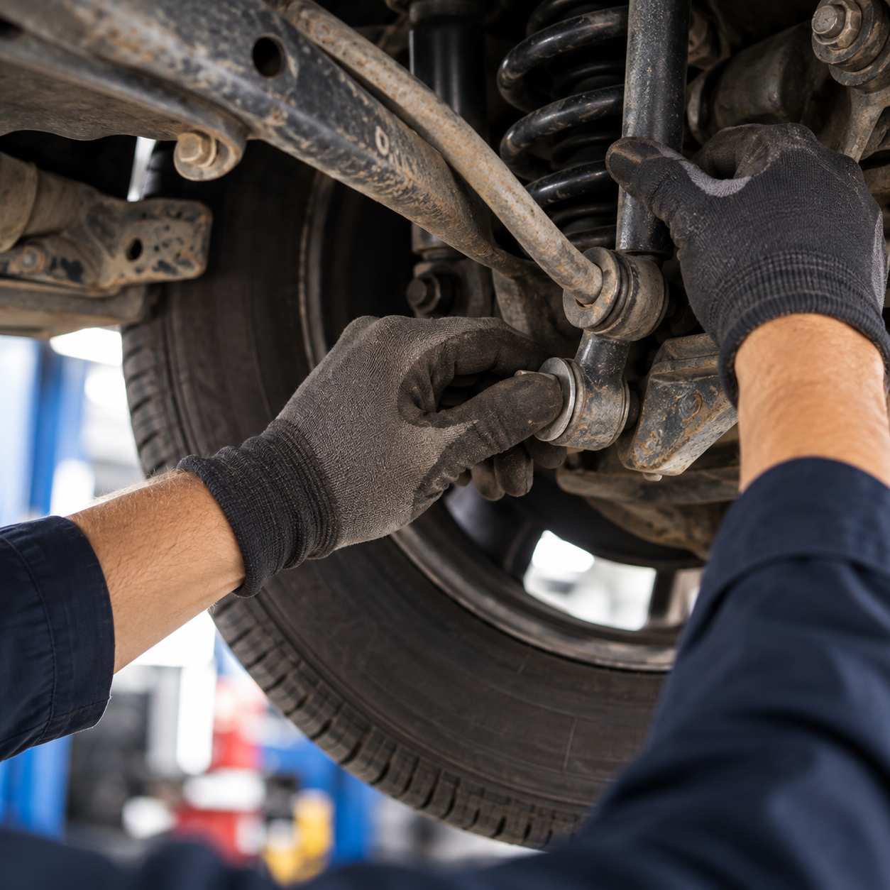 Mechanic’s gloved hands repairing a car’s wheel suspension under the vehicle