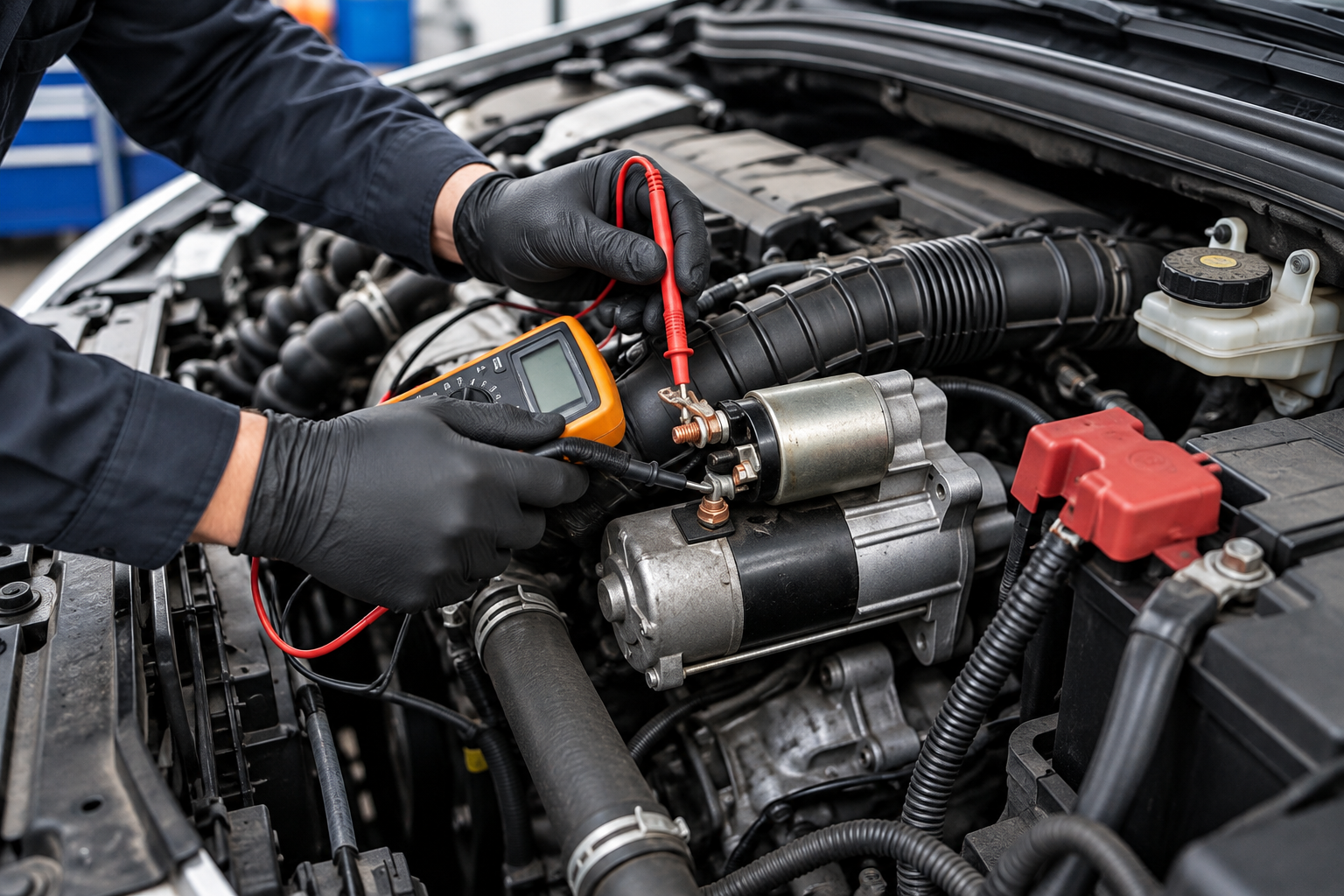 Mechanic using a multimeter to test a car battery and engine components under the hood